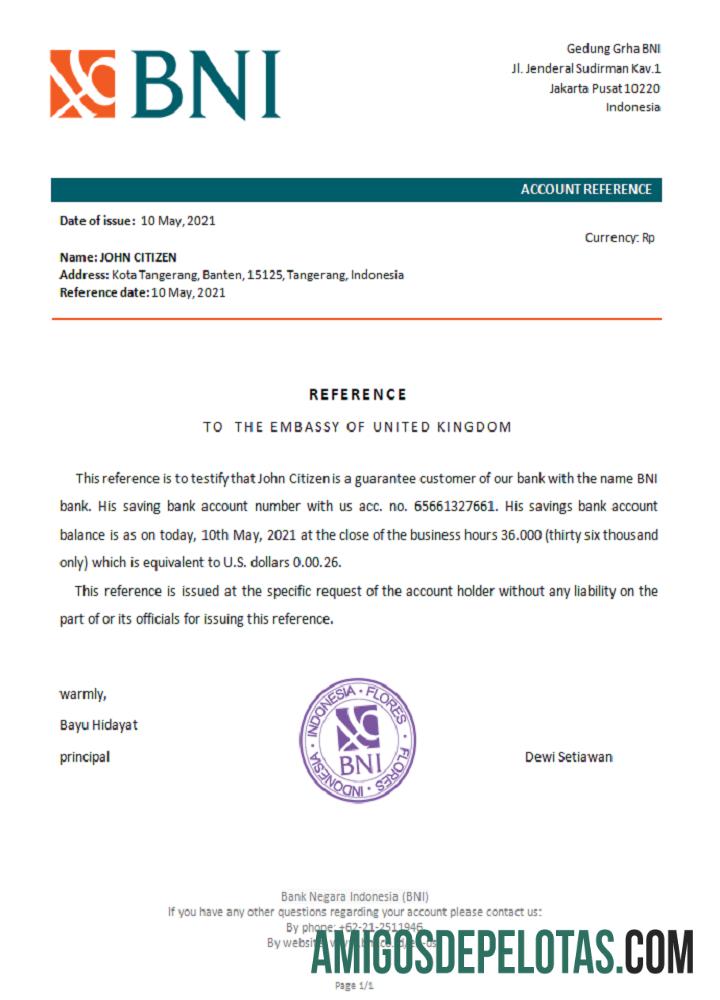 Referência do Banco Negara da Indonésia modelo